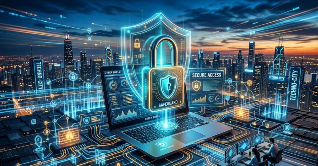 Tela de computador exibindo cadeado digital, representando segurança da informação em sistemas públicos