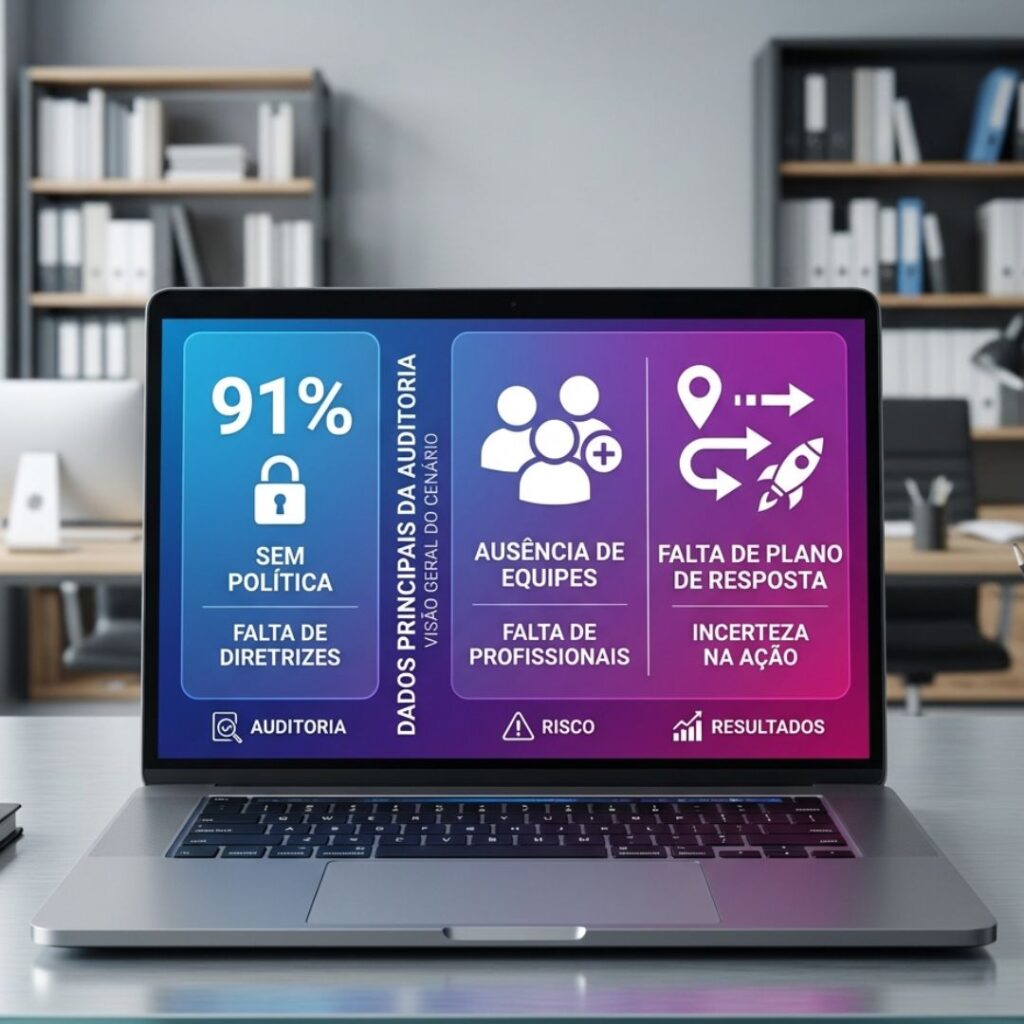 Infográfico com os principais dados da auditoria do TCE-RJ sobre segurança digital nos municípios do Rio de Janeiro
