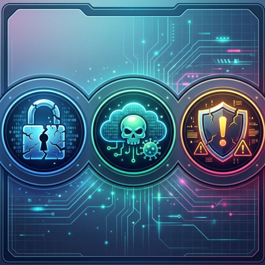 Ilustração representando três ameaças digitais: vazamento de dados, ataque ransomware e interrupção de serviços